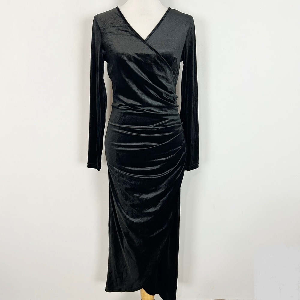 Dirass Velvet Midi Dress Black Long Sleeve Ruched Faux Wrap Women Size Medium